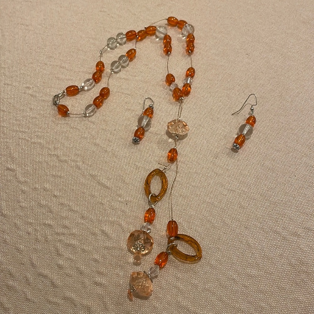 Boho orange and clear beads necklace and earrings set